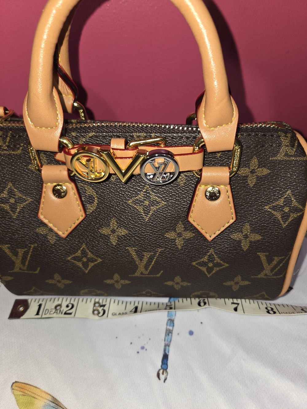 NewBrown Monogram Top-Handle Bag with Tan Trim Mini